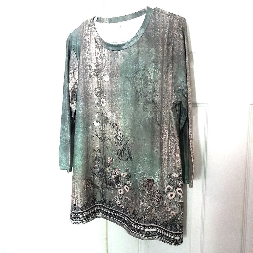 Women Floral Pullover Long Sleeve, Round Neck, Size Large, Color Green